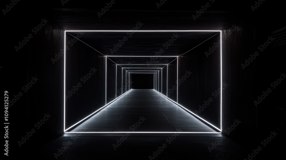 Poster a dimly lit corridor with glowing white lines creating a futuristic tunnel effect.