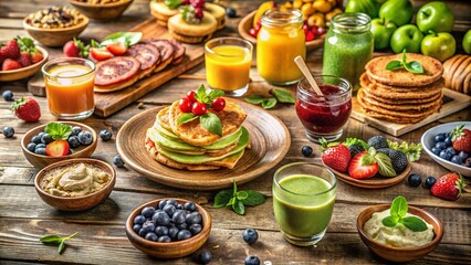 Fototapeta premium Wholesome Breakfast Spread Featuring a Delightful Mix of Classic and Trendy Ingredients for Morning Inspiration with Fresh Fruits, Avocado Toast, and Artisan Breads