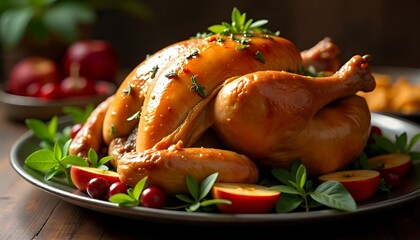 Roast Turkey, Thanksgiving Dinner, Garnished with Fresh Herbs and Fruits, Golden Brown, Festive Meals, Holiday Feasts
