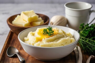 a bowl of tasty mashed potatoes with a small piece of parsley on top