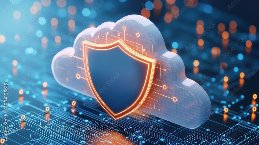 Poster a stylized cloud with a shield icon, representing cybersecurity and data protection in a digital net