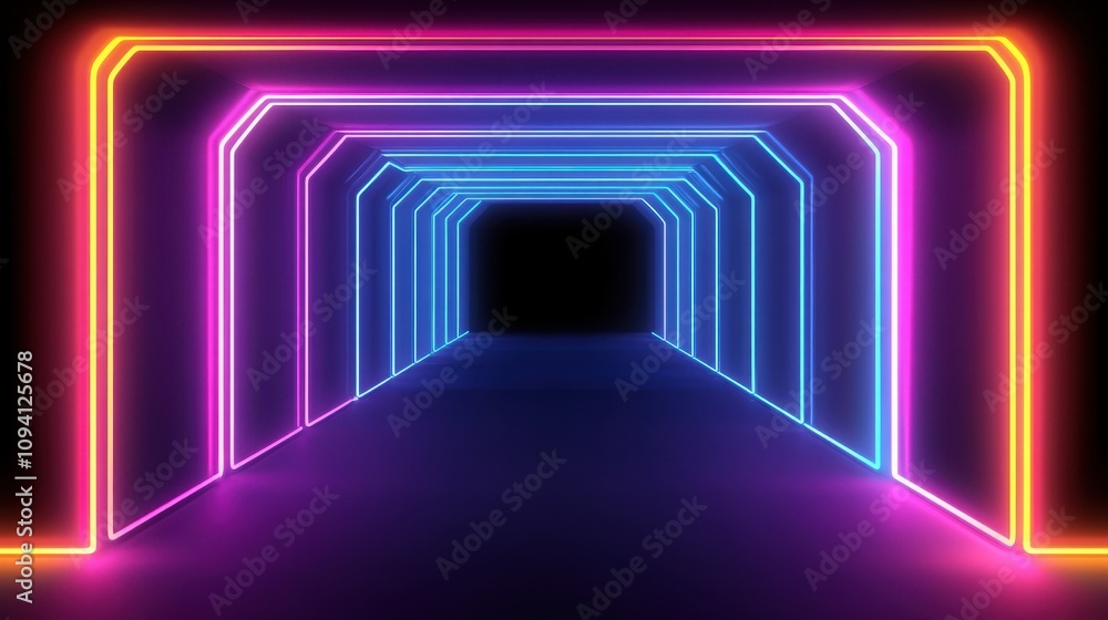 Poster a vibrant neon tunnel with glowing lines creating a futuristic atmosphere.
