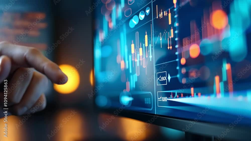 Poster a close-up of a hand interacting with a digital screen showcasing charts and data analysis, symboliz