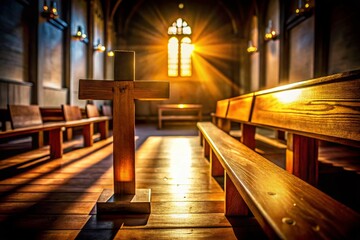 Wooden Cross Silhouette on Church Pew Symbolizing Faith and Spirituality, Captured in Dramatic Light for Inspirational and Religious Imagery