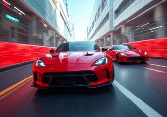 Obraz premium Fast cars racing down a city street with blurred surroundings during the day