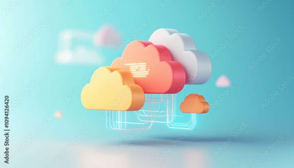 Poster colorful, stylized clouds float above a digital background, representing cloud computing and data st
