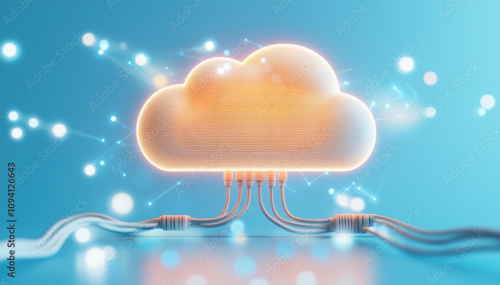 Poster a glowing cloud icon connected by wires, symbolizing cloud computing and digital connectivity agains