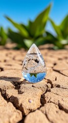 Precious Water Drop on Dry Cracked Earth Drought Sustainability