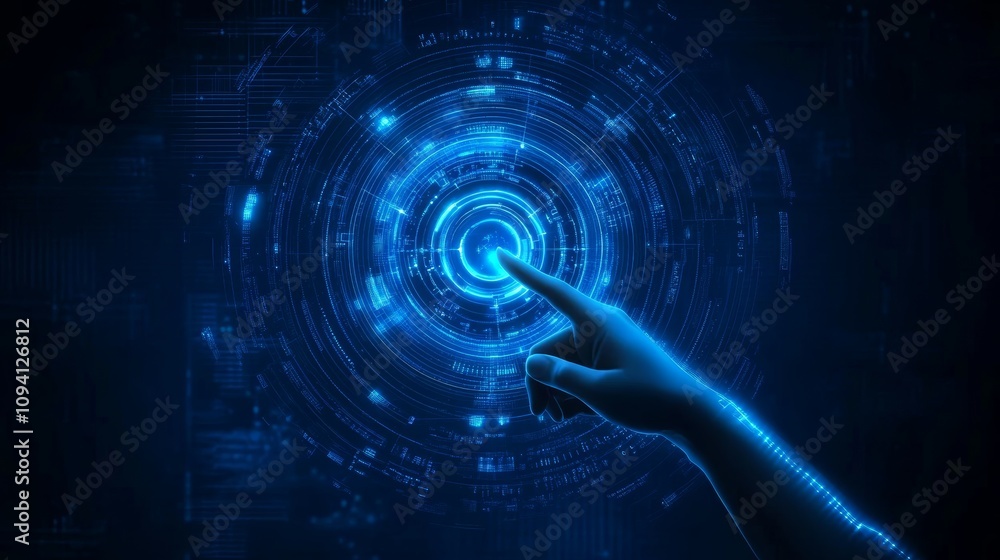 Poster futuristic technology hand pointing digital interface hologram display concept virtual communication