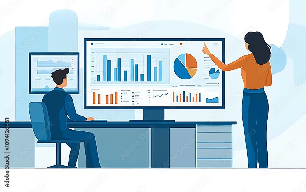 Poster business analytics team monitoring digital dashboard illustration with charts and graphs