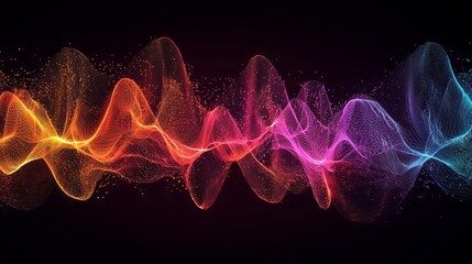 voice speech frequency concept. A vibrant wave pattern with colorful particles on a dark background, representing sound waves or digital energy.