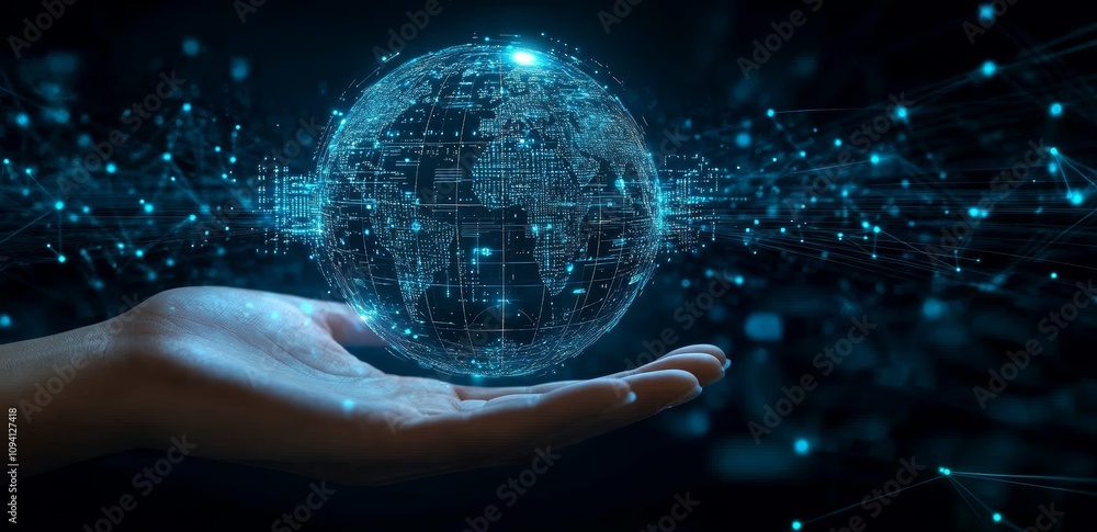 Poster digital globe in hand showcasing technology innovation and global connectivity in cloud computing an