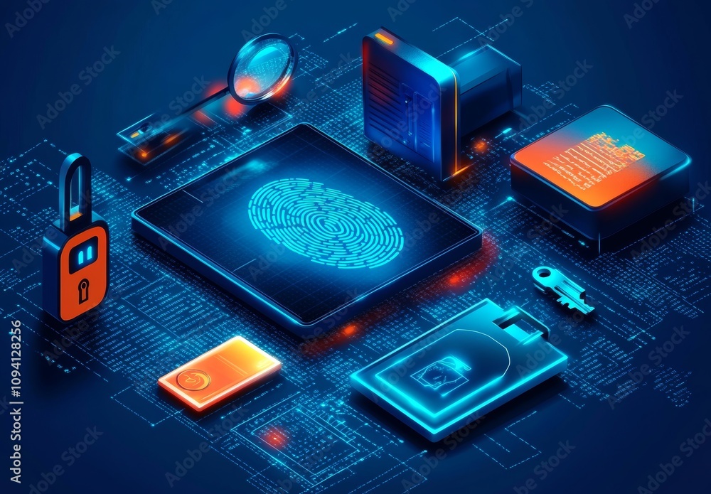 Poster futuristic security setup with fingerprint reader and authentication features