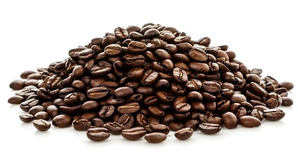 Obraz premium A pile of freshly roasted coffee beans on a white backdrop.