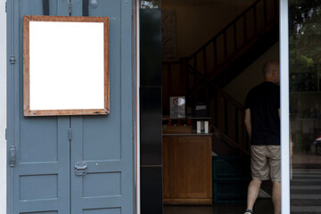 Blank banner on window office template. Promotional banner on the store window mock up.