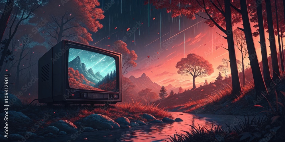 Poster dreamscape glitch colorful splashes of digital noise ripple through the screen blending warm reds an