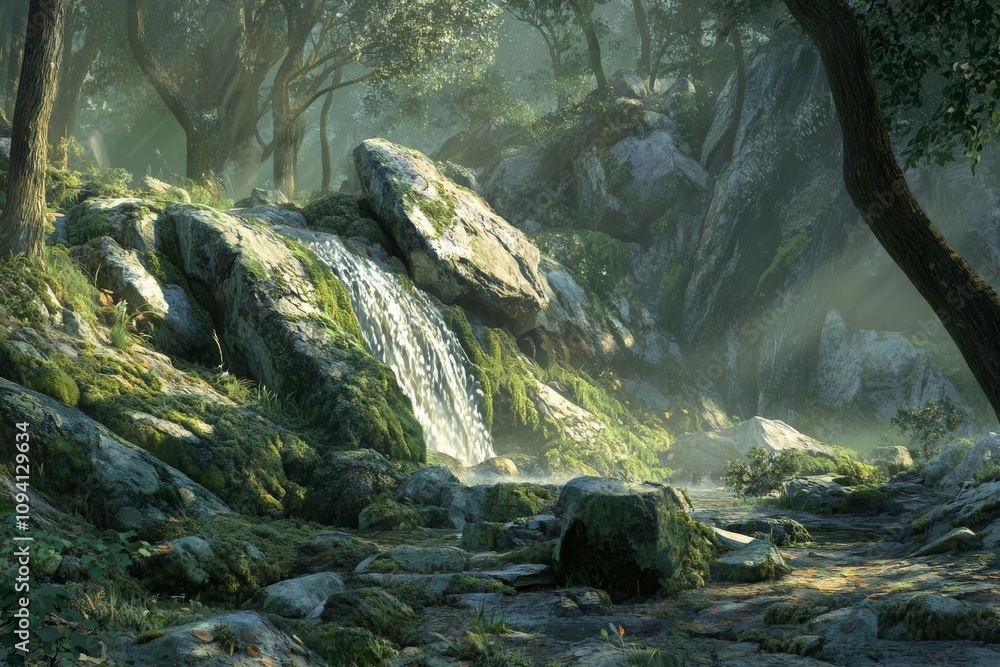Poster serene waterfall in a lush forest with sunlight filtering through trees and mist rising above rocks 
