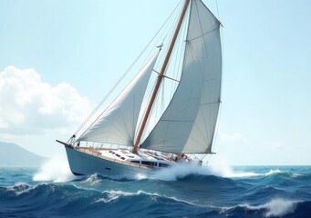 Fototapeta premium Sailing on calm waters with a beautiful yacht during a sunny day in a coastal setting