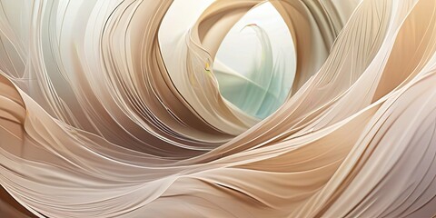 Dreamlike abstract composition of flowing, soft beige and cream waves intertwining with subtle hints of color, creating a serene and harmonious visual journey through fluid forms and gentle curves.