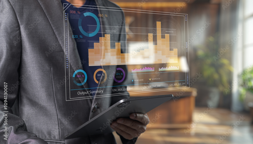 Poster business professional analyzing digital data on tablet in modern office setting, showcasing graphs a