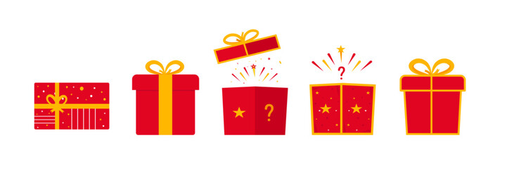 Gift box icon. Gifts and presents for holiday celebration and special sales offer. Red and yellow gift box icons with decorations and question marks. Open and closed white gift box. flat illustration