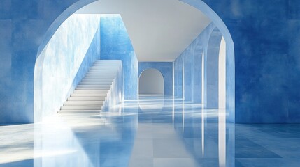 Fototapeta premium Blue Hallway with Arched Entrance