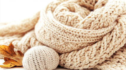 Obraz premium Cozy knitted scarf with soft texture and autumn leaves nearby