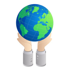 Isometric Businessman Hands Keeping Globe. Environmental Conservation Concept Isolated on White. Illustration. Global Business.