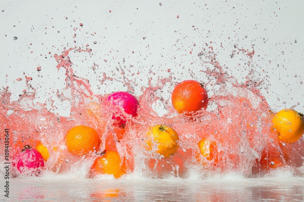 Poster vibrant fruits splashing in water with dynamic motion and colorful effects in a refreshing display o