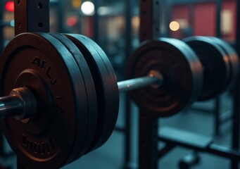 Naklejka premium Barbell loaded with weights in a gym during evening workout session with dim lighting