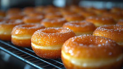 Freshly baked golden doughnuts with a sugary coating cool on a metal rack, capturing the warmth and comfort of home baking, symbolizing sweetness, indulgence, and the simple pleasures of life