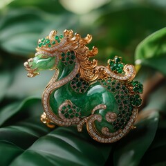 Obraz premium Exquisite Kylin Brooch with Emerald and Jade Accents