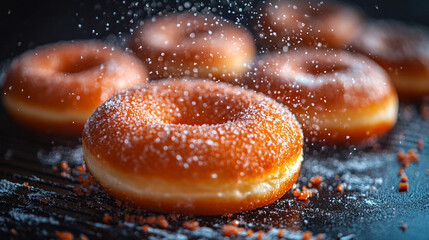 Freshly baked golden doughnuts with a sugary coating cool on a metal rack, capturing the warmth and comfort of home baking, symbolizing sweetness, indulgence, and the simple pleasures of life