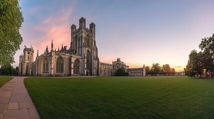 Obraz premium Majestic cathedral at sunset, expansive lawn, paved path.