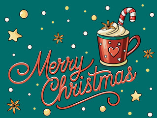Vector Illustration. Vintage Christmas Background with Red Cup and Whipped Cream, Star Anise, "Merry Christmas" Inscription