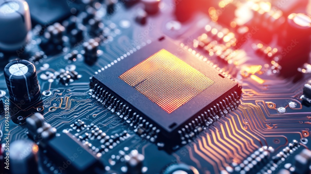 Poster a close-up of a microchip on a circuit board, showcasing technology and electronics.
