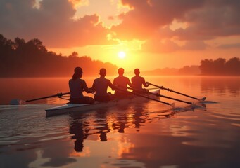 Rowers gliding through calm waters during sunset over a serene lake landscape