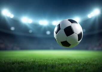 Soccer ball floating above a green field under stadium lights during a night match
