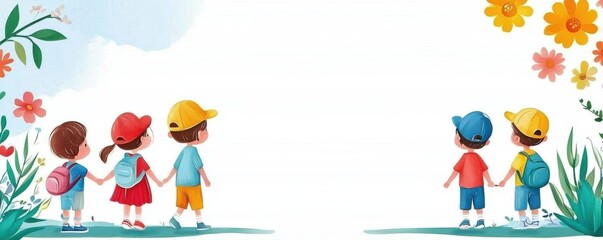 Fototapeta premium spring time inspired story cute cartoon illustration. Children exploring a story about spring traditions around the world, flat design illustration