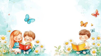 Naklejka premium spring time inspired story cute cartoon illustration. Kids enjoying a spring story, surrounded by daisies and butterflies, flat design illustration