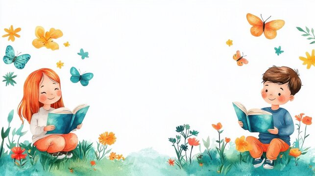 spring time inspired story cute cartoon illustration. Kids reading a spring tale about a caterpillar s transformation into a butterfly, flat design illustration