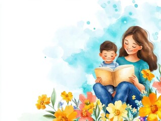 spring time inspired story cute cartoon illustration. Parent reading a spring fable to their child, flowers blooming around them, flat design illustration