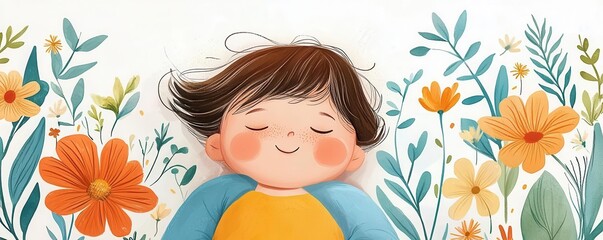 spring time inspired story cute cartoon illustration. Springinspired bedtime story, child dreaming of blooming meadows, flat design illustration