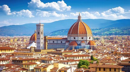 Obraz premium Panoramic view of Florence, Italy, featuring the Duomo and cityscape under a vibrant sky.