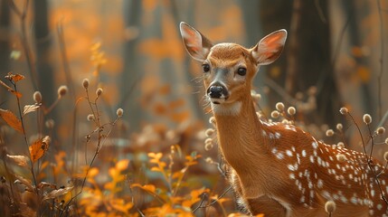Fototapeta premium Fawn Deer Portrait in Autumn Forest: A Close-Up Look at Nature's Beauty
