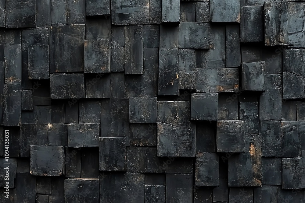 Aufkleber a close-up view of a black wood wall made of various sized blocks, creating a textured surface.