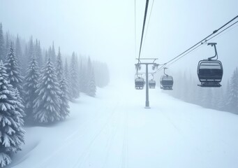 Winter ski resort gondola with snow-covered trees in misty landscape