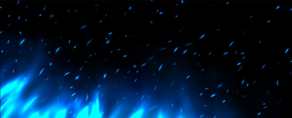 Blue flame with sparks, fire with flying cinder, abstract glowing embers, heat sparkles, bokeh fire texture. Vector illustration.