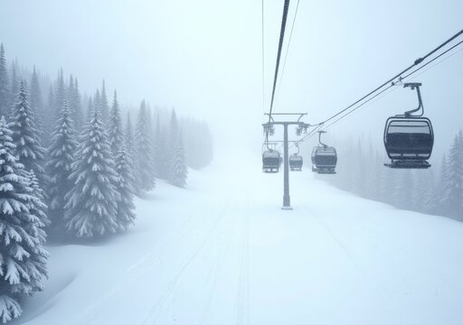 Winter ski resort gondola with snow-covered trees in misty landscape