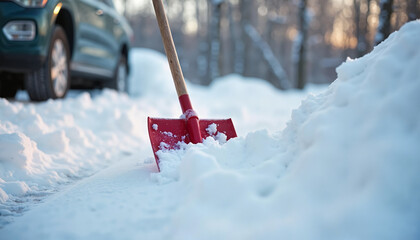Red shovel resting on a snowy path next to a parked car, snow removal, snowfall